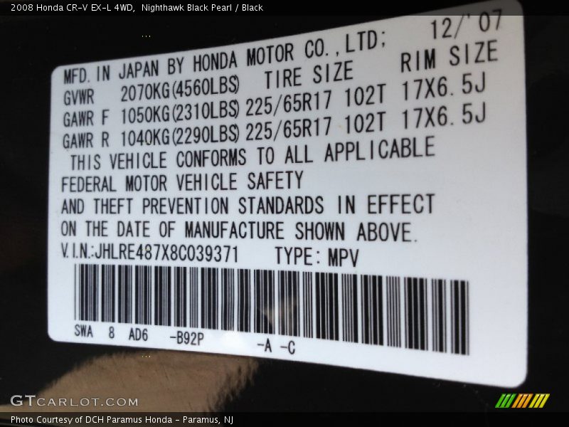 Nighthawk Black Pearl / Black 2008 Honda CR-V EX-L 4WD