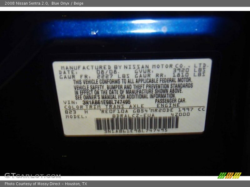 Blue Onyx / Beige 2008 Nissan Sentra 2.0
