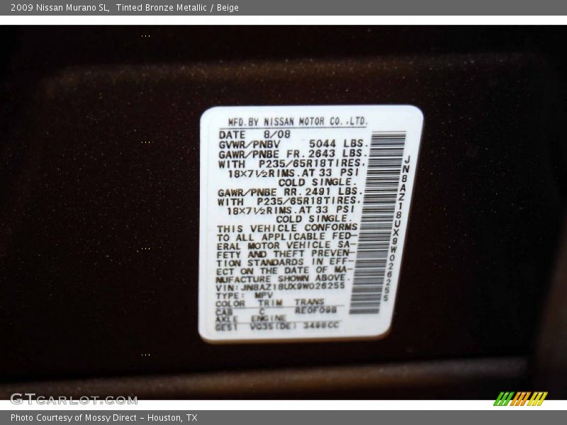 Tinted Bronze Metallic / Beige 2009 Nissan Murano SL