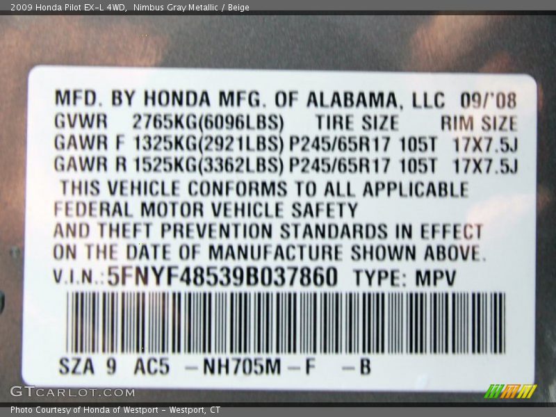 Nimbus Gray Metallic / Beige 2009 Honda Pilot EX-L 4WD