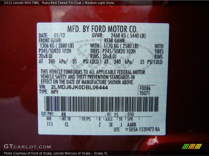 2013 MKX FWD Ruby Red Tinted Tri-Coat Color Code RR