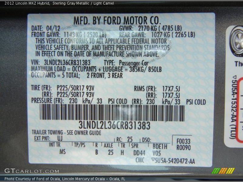 Sterling Gray Metallic / Light Camel 2012 Lincoln MKZ Hybrid