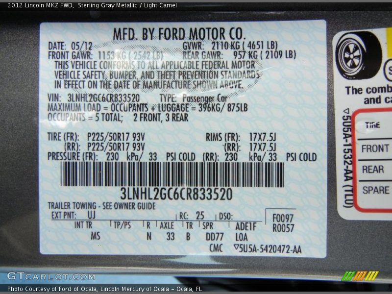 Sterling Gray Metallic / Light Camel 2012 Lincoln MKZ FWD