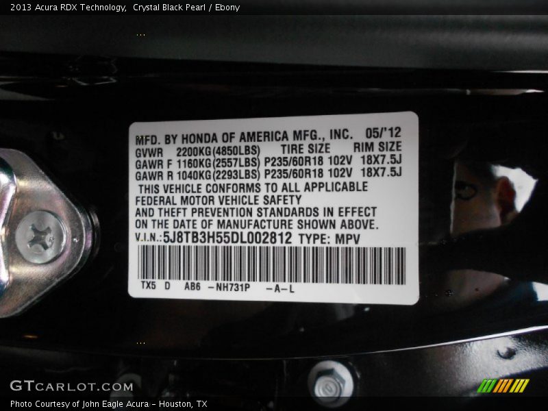 2013 RDX Technology Crystal Black Pearl Color Code NH731P