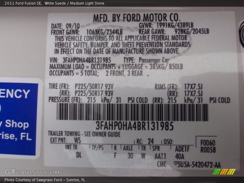 2011 Fusion SE White Suede Color Code WS