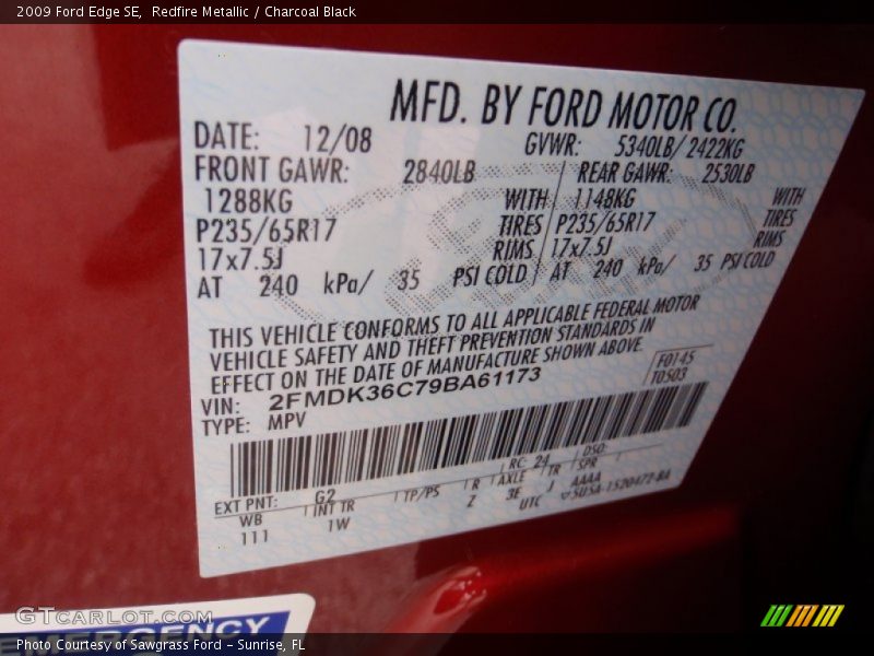2009 Edge SE Redfire Metallic Color Code G2
