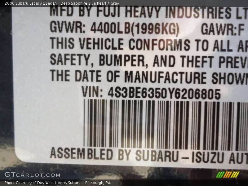 Deep Sapphire Blue Pearl / Gray 2000 Subaru Legacy L Sedan