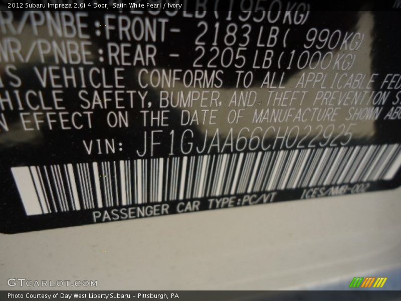 Satin White Pearl / Ivory 2012 Subaru Impreza 2.0i 4 Door