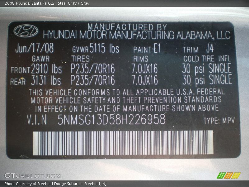 Steel Gray / Gray 2008 Hyundai Santa Fe GLS