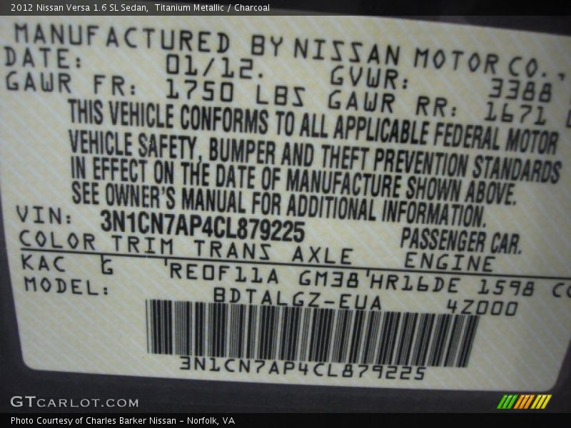2012 Versa 1.6 SL Sedan Titanium Metallic Color Code KAC