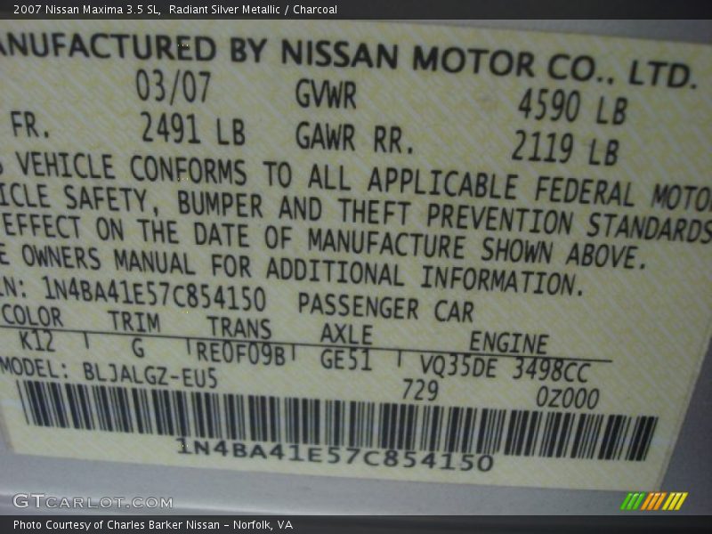 Radiant Silver Metallic / Charcoal 2007 Nissan Maxima 3.5 SL