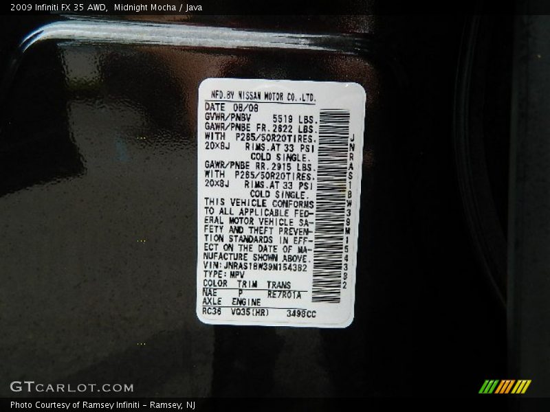 Midnight Mocha / Java 2009 Infiniti FX 35 AWD
