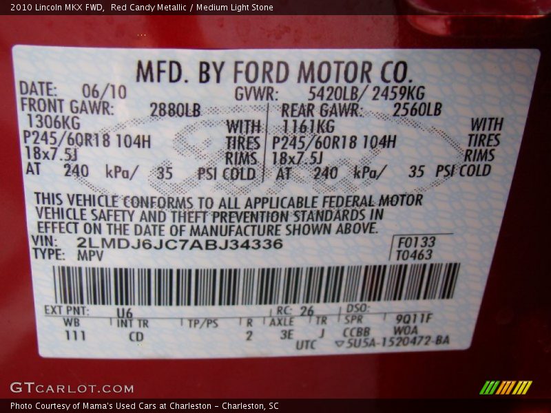 2010 MKX FWD Red Candy Metallic Color Code U6