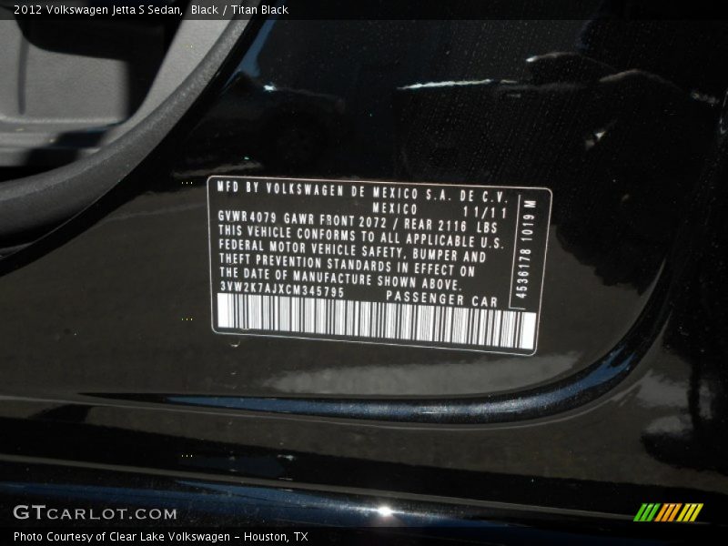 Black / Titan Black 2012 Volkswagen Jetta S Sedan