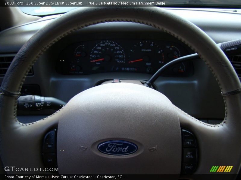 True Blue Metallic / Medium Parchment Beige 2003 Ford F250 Super Duty Lariat SuperCab