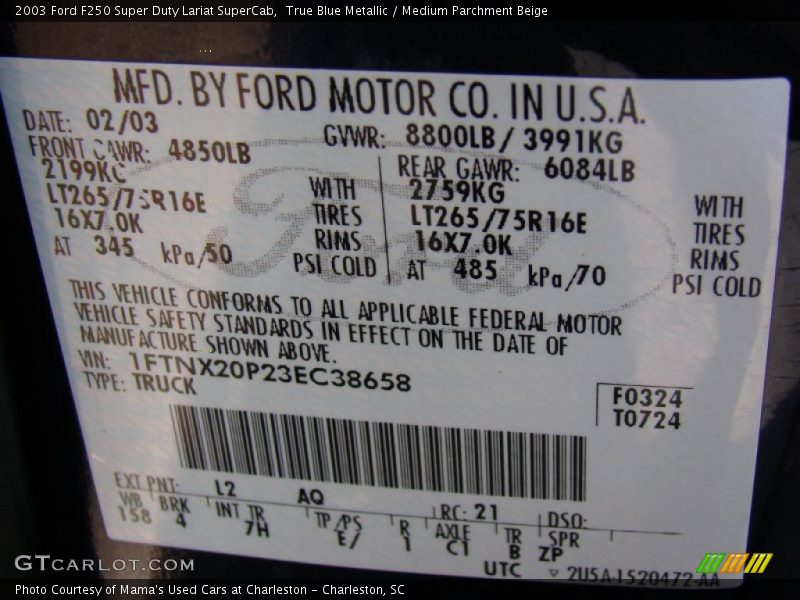 2003 F250 Super Duty Lariat SuperCab True Blue Metallic Color Code L2