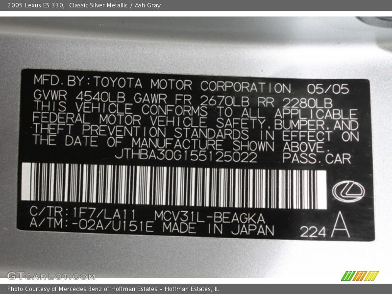 Classic Silver Metallic / Ash Gray 2005 Lexus ES 330