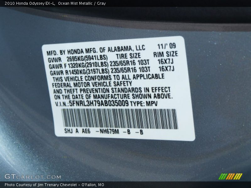 Ocean Mist Metallic / Gray 2010 Honda Odyssey EX-L