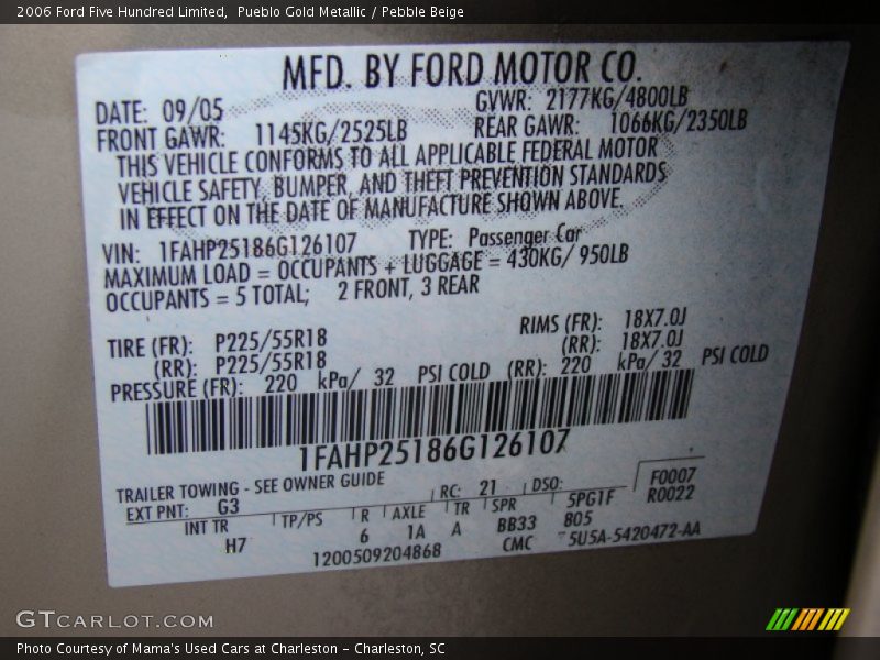 Pueblo Gold Metallic / Pebble Beige 2006 Ford Five Hundred Limited