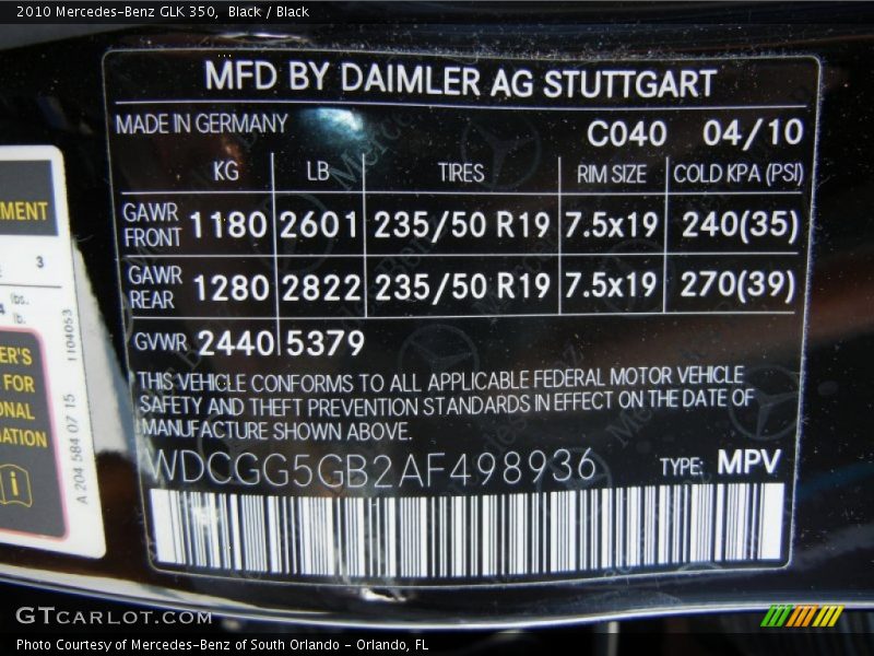 Black / Black 2010 Mercedes-Benz GLK 350