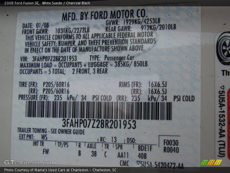 White Suede / Charcoal Black 2008 Ford Fusion SE