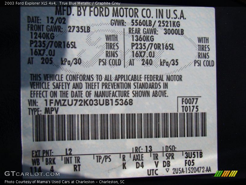True Blue Metallic / Graphite Grey 2003 Ford Explorer XLS 4x4