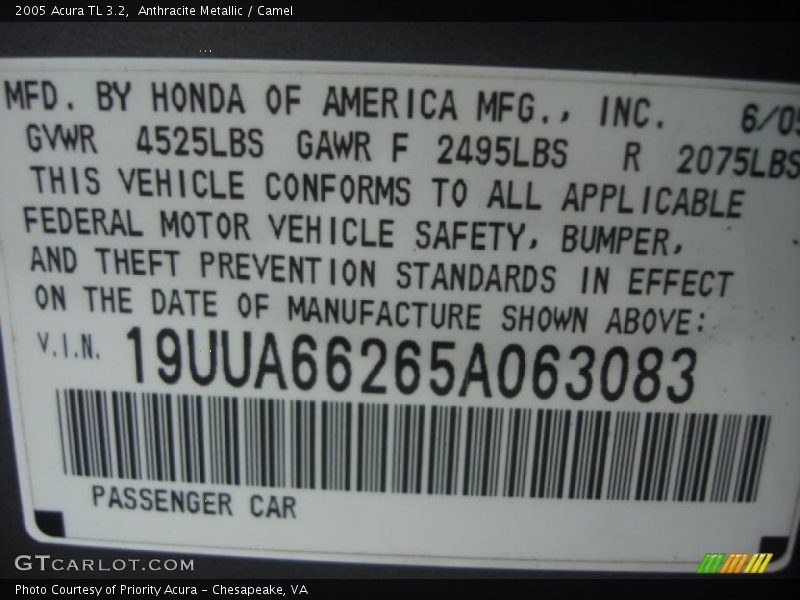 Anthracite Metallic / Camel 2005 Acura TL 3.2