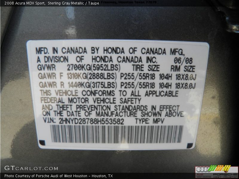 Sterling Gray Metallic / Taupe 2008 Acura MDX Sport