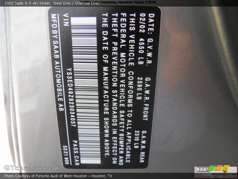 Steel Grey / Charcoal Grey 2002 Saab 9-5 Arc Sedan