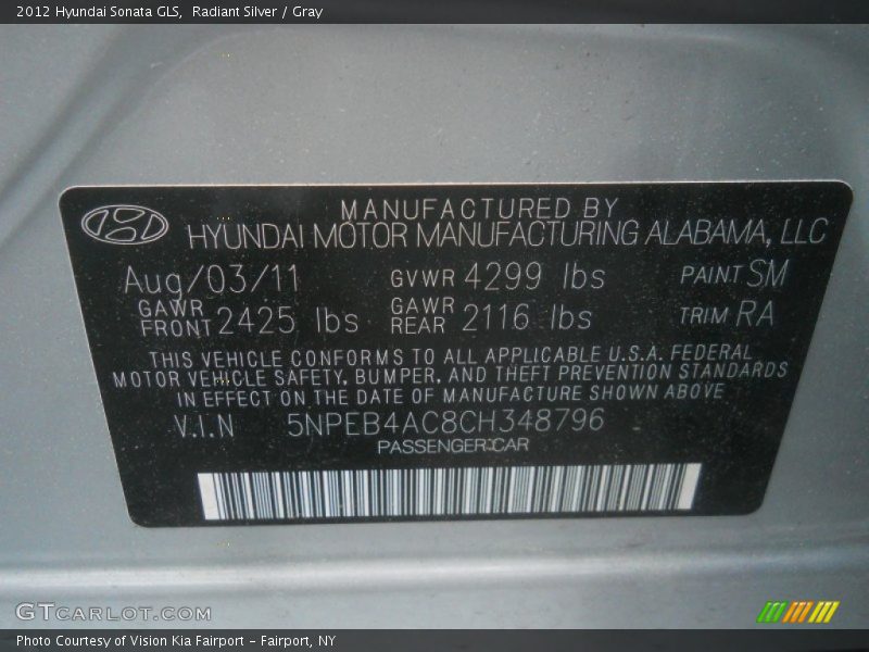 Radiant Silver / Gray 2012 Hyundai Sonata GLS