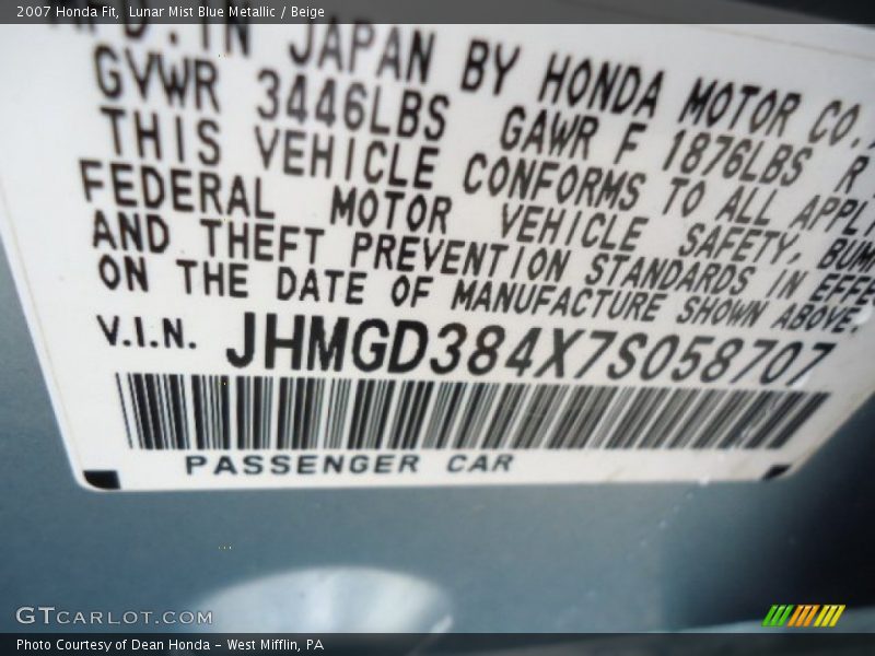 Lunar Mist Blue Metallic / Beige 2007 Honda Fit