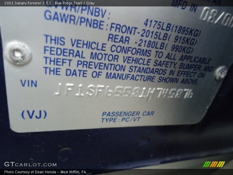 Blue Ridge Pearl / Gray 2001 Subaru Forester 2.5 S