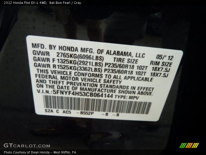 Bali Blue Pearl / Gray 2012 Honda Pilot EX-L 4WD
