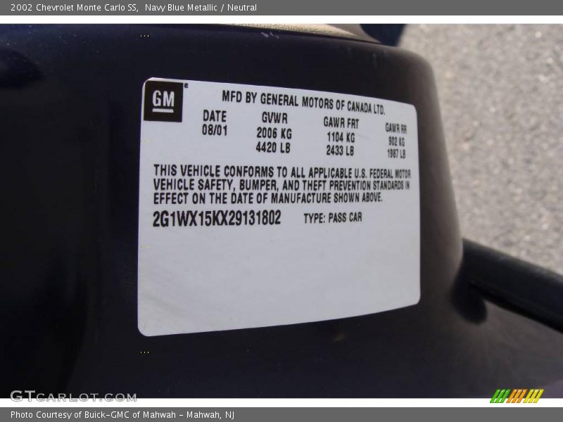 Navy Blue Metallic / Neutral 2002 Chevrolet Monte Carlo SS