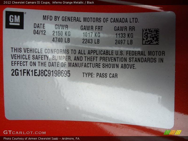 Inferno Orange Metallic / Black 2012 Chevrolet Camaro SS Coupe