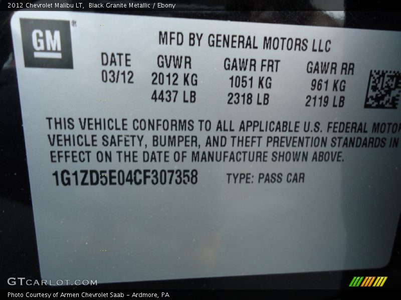 Black Granite Metallic / Ebony 2012 Chevrolet Malibu LT