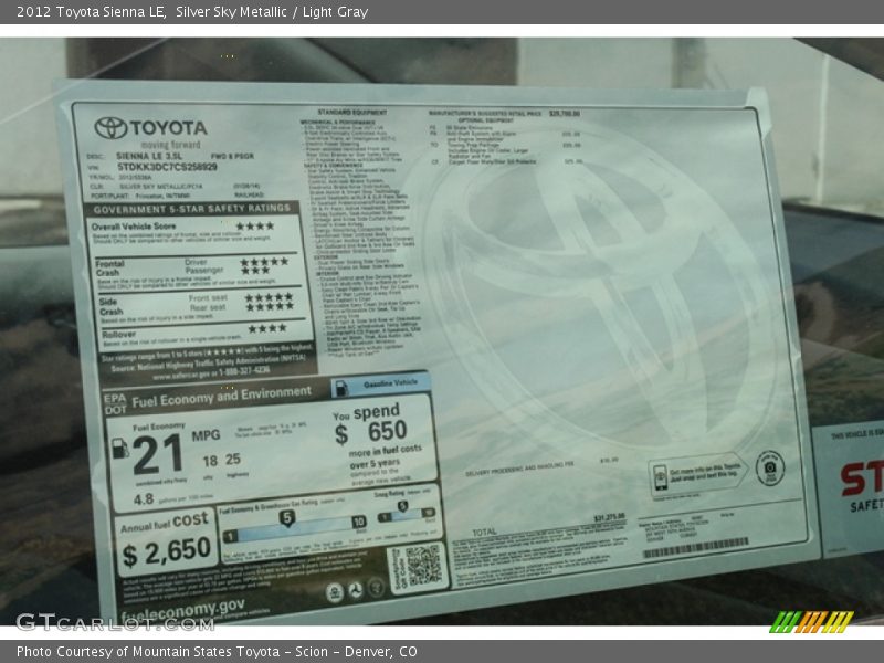 Silver Sky Metallic / Light Gray 2012 Toyota Sienna LE