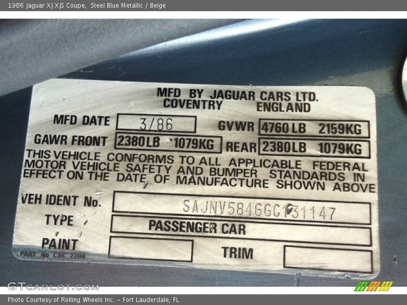 Info Tag of 1986 XJ XJS Coupe