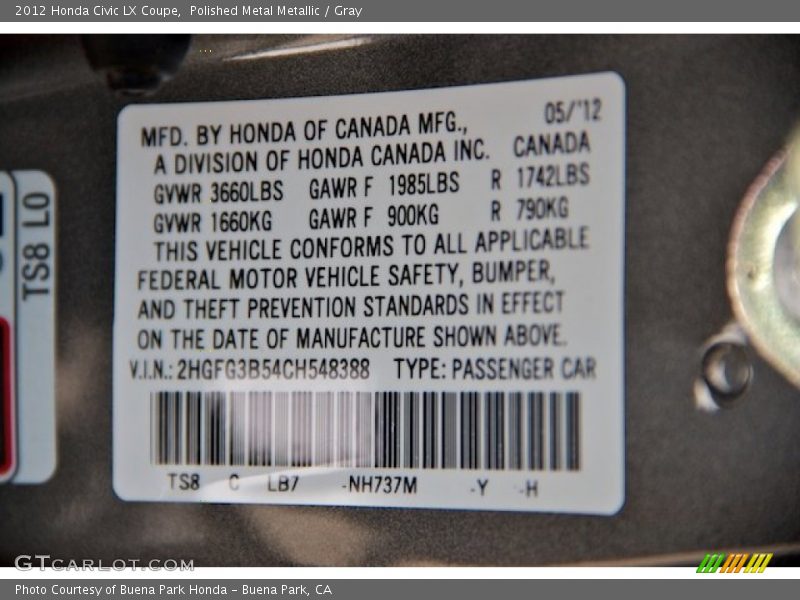 Polished Metal Metallic / Gray 2012 Honda Civic LX Coupe