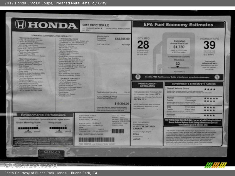 Polished Metal Metallic / Gray 2012 Honda Civic LX Coupe