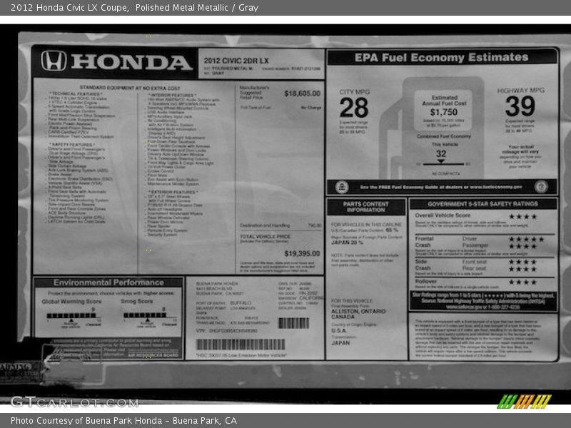 Polished Metal Metallic / Gray 2012 Honda Civic LX Coupe