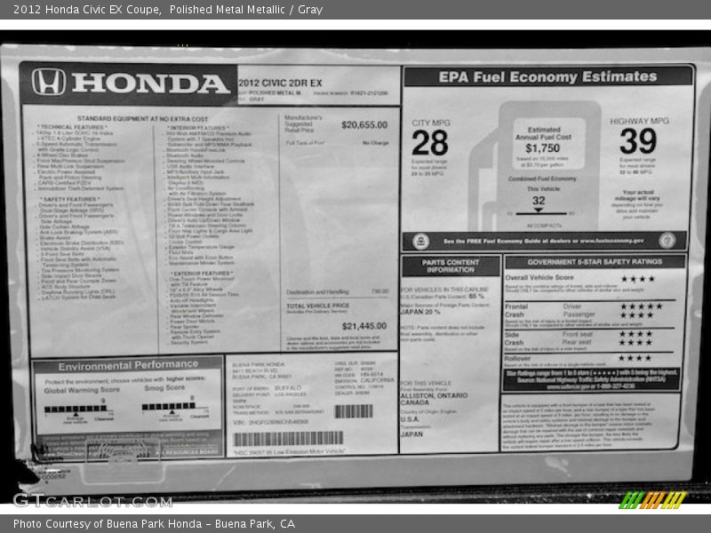 Polished Metal Metallic / Gray 2012 Honda Civic EX Coupe