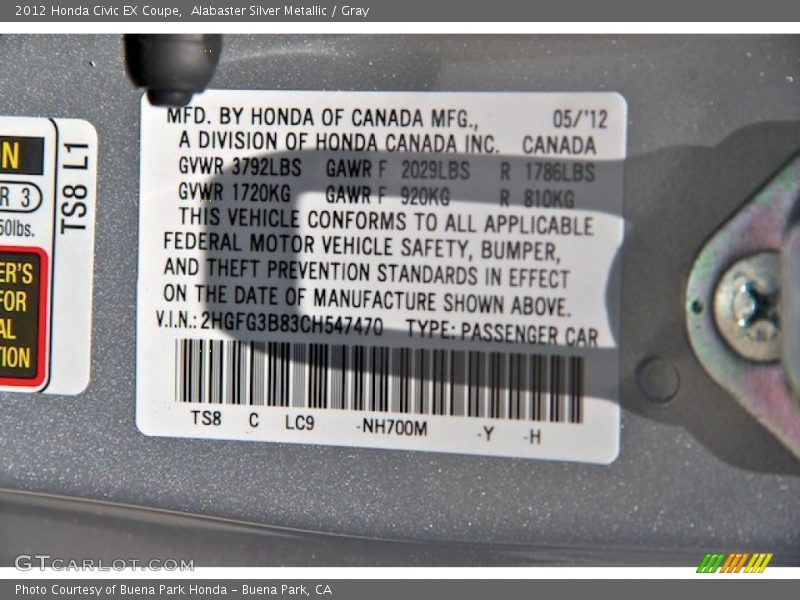 Alabaster Silver Metallic / Gray 2012 Honda Civic EX Coupe