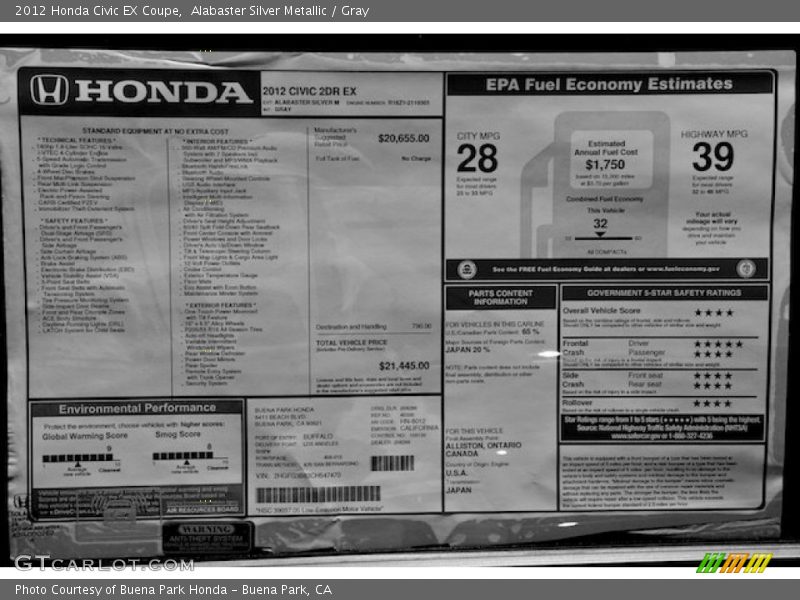 Alabaster Silver Metallic / Gray 2012 Honda Civic EX Coupe