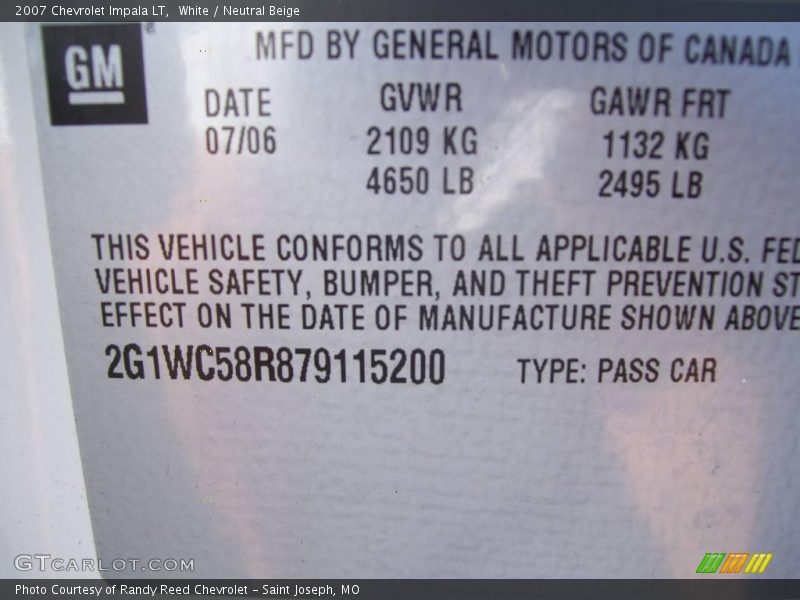 White / Neutral Beige 2007 Chevrolet Impala LT