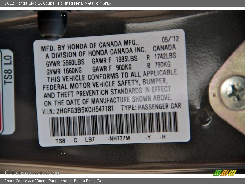 Polished Metal Metallic / Gray 2012 Honda Civic LX Coupe