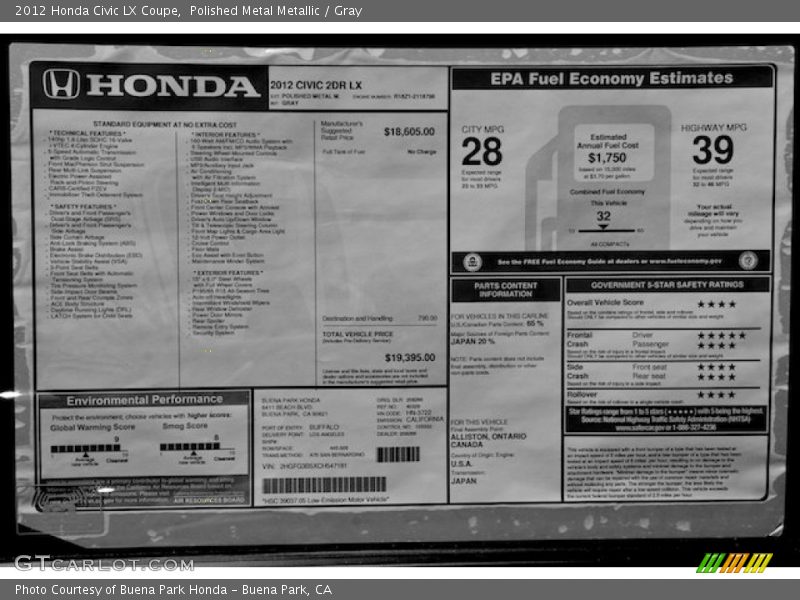 Polished Metal Metallic / Gray 2012 Honda Civic LX Coupe