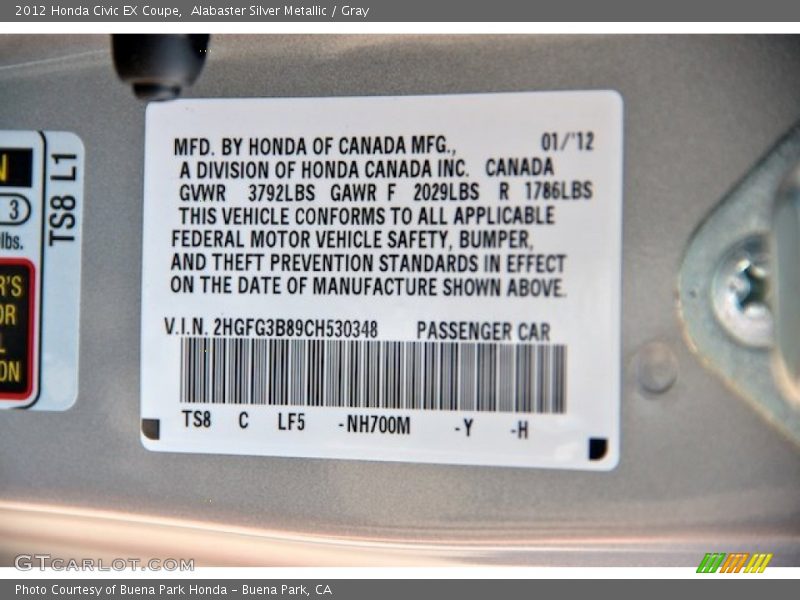 Alabaster Silver Metallic / Gray 2012 Honda Civic EX Coupe
