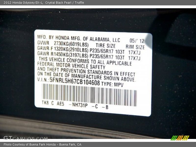 Crystal Black Pearl / Truffle 2012 Honda Odyssey EX-L