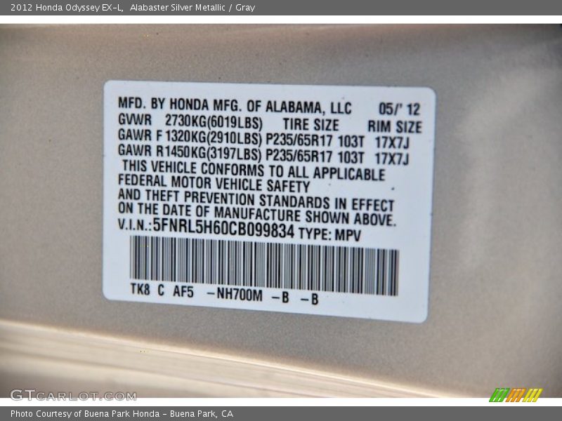 Alabaster Silver Metallic / Gray 2012 Honda Odyssey EX-L